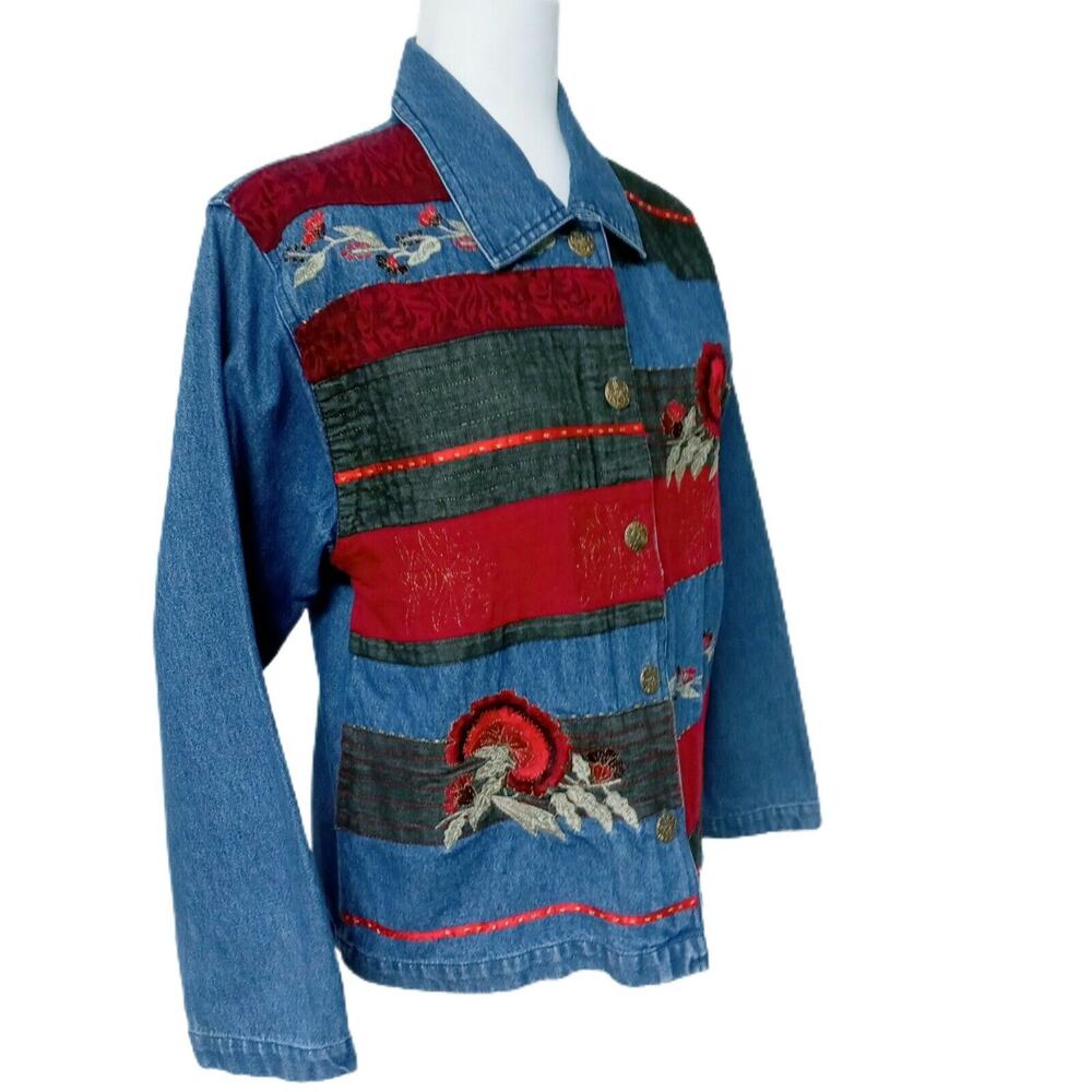 Vintage Patchwork Jean Jacket Blazer Embroidered … - image 3